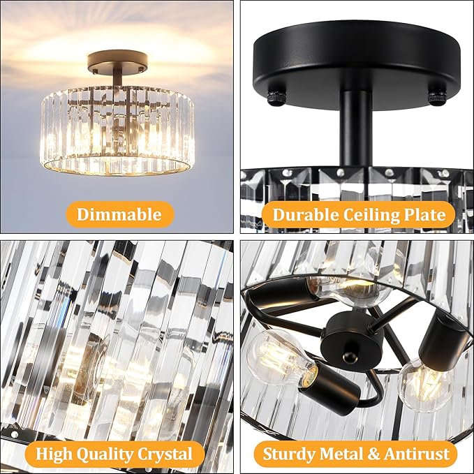 TOULMJ Crystal Ceiling Light, 3-Light Semi Flush Mount Ceiling Lighting Fixture, Black Round Hallway Light Fixtures for Kitchen Entryway Bedroom Laundry Room