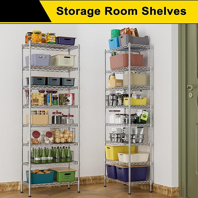 GIOTORENT 8-Wire Garage Shelving Storage Shelves, Kitchen Storage Adjustable Shelf, Metal Shelves 1600Lbs Capacity 24" W x 14" D x 72.2" H for Laundry Bathroom Pantry Closet, Silver