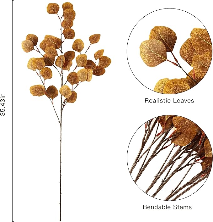 Sggvecsy 6 Pcs Fall Eucalyptus Leaves Artificial Eucalyptus Stems Long Silver Dollar Leaves Autumn Leaf Branches Fake Silk Eucalyptus for Christmas Home Autumn Thanksgiving Decor(Dark Yellow)