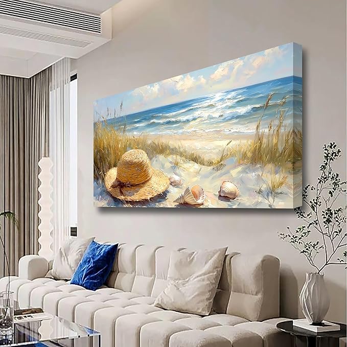 Beach Straw Hat Picture Printed Canvas Wall Art for Living Room, Office, Bedroom Wall Decor, Sea Landscape Wall Art Prints Modern Blue Yellow Landscape Artwork Waterproof Ready to Hang - 20x40 inches