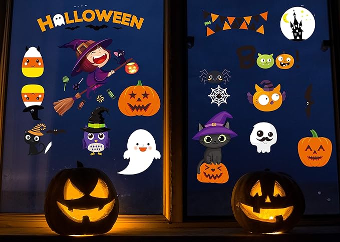 MISS FANTASY Halloween Window Clings - Halloween Window Decorations Stickers Decals Decor Cute Pumpkin Ghost Decor for Room Bathroom Kitchen