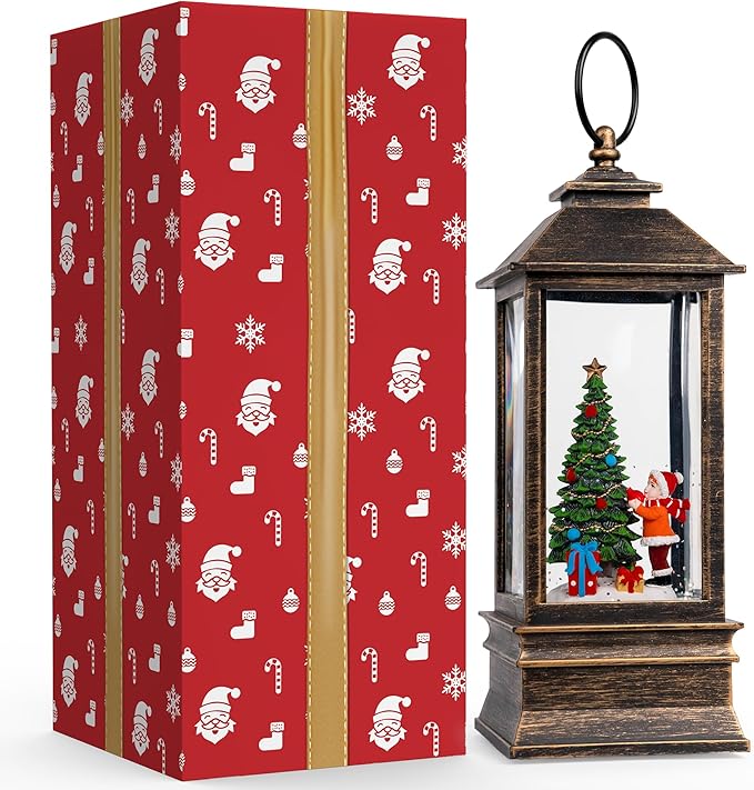 Christmas Snow Globe Lantern Water Glittering Christmas Tree Gifts with Music & Timer, USB Lined/Battery Operated Lighted Lantern for Christmas Festival Decorations