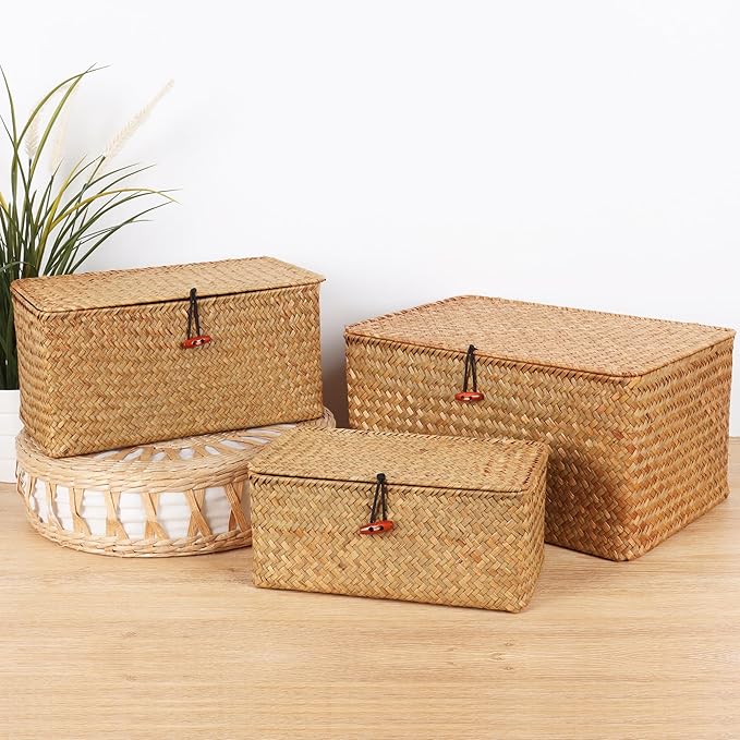 Wicker Shelf Baskets with Lid,Natural Seagrass Storage Basket Boxes Handwoven Rectangular Baskets Bins Multipurpose Home Organizer Decor (Large+Medium+Small)