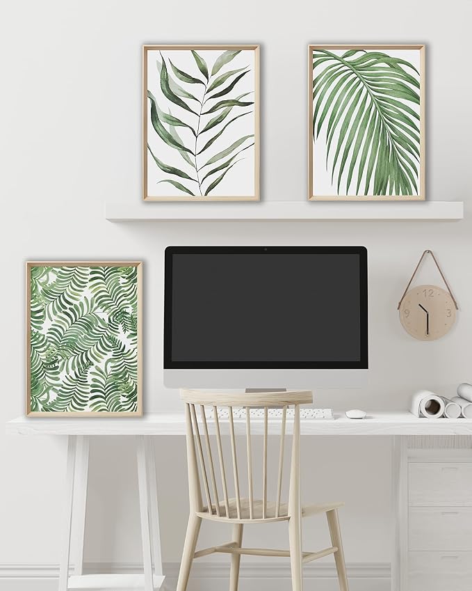 UPWOIGH Framed Green Wall Art(No Plexiglass), Palm Leaves Canvas Wall Art,16x12in Botanical Wood Bohemia Sage Wall Decor Prints Artworks for Living Room Bedroom, Plant Neutral Wall Decor Set of 3
