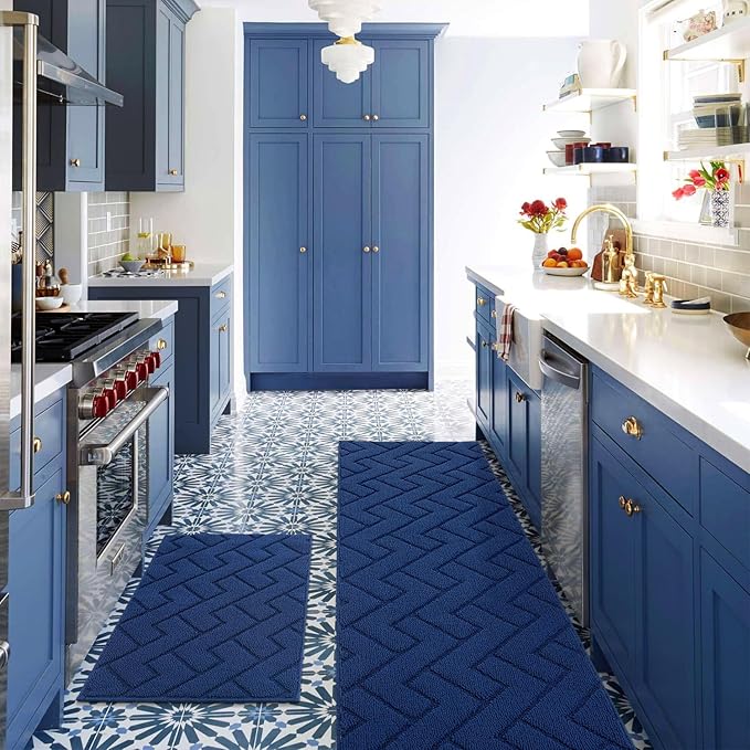 hicorfe Kitchen Runner Rug and Mats Sets,2 Pieces Super Absorbent Polypropylene Non-Slip Rug,Soft Comfort Floor Mat,Washable for Kitchen,Hallway,Office,Sink,Laundry(20" x 31.5"+20" x 59",Navy Blue)