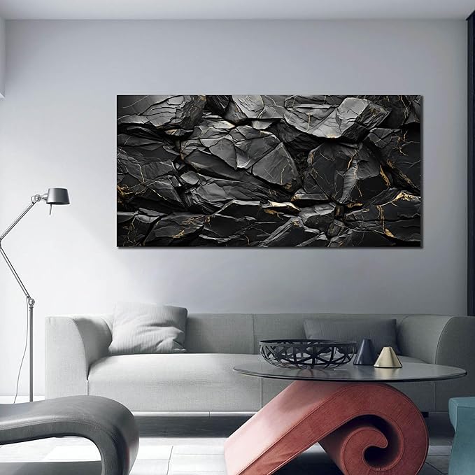 Black Stone with Golden Vein Canvas Wall Art for Living Room, Smooth Flat Rock Picture Wall-Decor for Bedroom, Canvas Printed Artwork Decoration for Office, Large Size 59x29 Inches (Not 3D or Textured)
