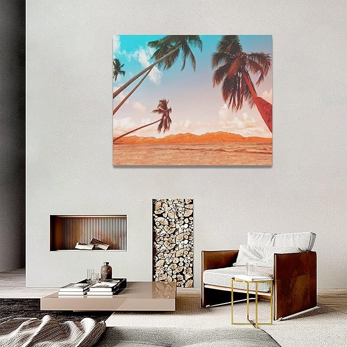 Large Beach Palms Wall Art Coastal Tropical Palm Tree Pictures Wall Decor Bathroom Ocean Nautical Canvas Painting Print Modern Home Decor Artwork Framed for Living Room Bathroom Master Bedroom 20"x16"