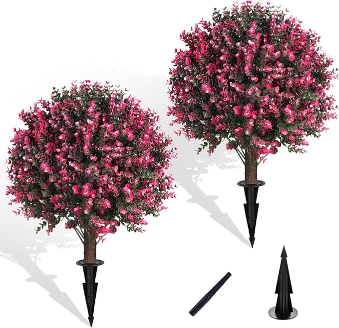 Artificial Rose Boxwood Topiary Ball Bush for Outdoor with Spike, Set of 2 UV Resistant Faux Boxwood Ball Tree with Stake Weatherproof Fake Round Topiary Shrub Plant for Front Porch