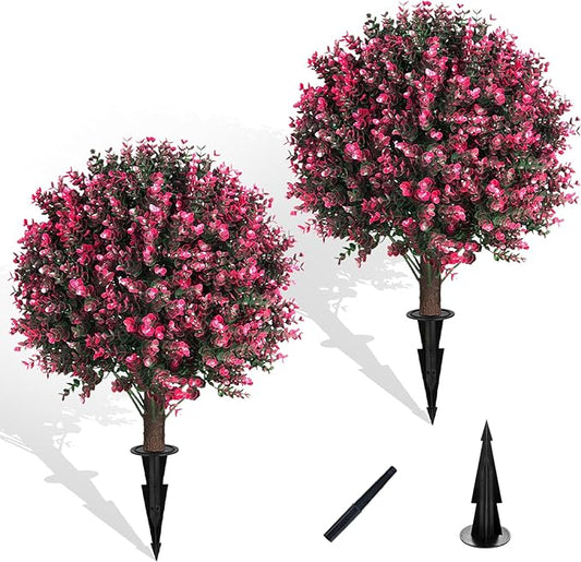 Artificial Rose Boxwood Topiary Ball Bush for Outdoor with Spike, Set of 2 UV Resistant Faux Boxwood Ball Tree with Stake Weatherproof Fake Round Topiary Shrub Plant for Front Porch