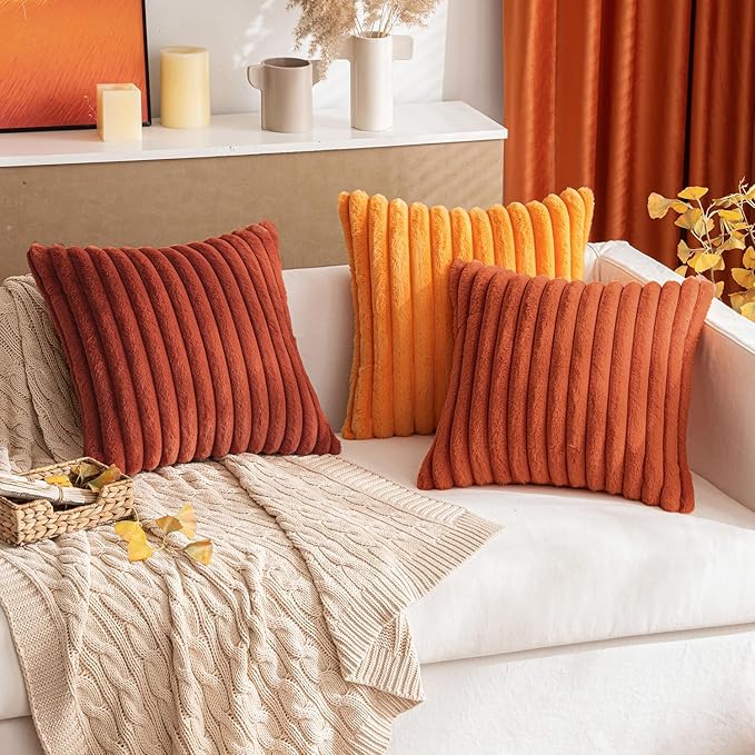 MIULEE Fall Faux Fur Decorative Throw Pillow Covers 16x16 Inch Set of 2, Retro Vintage Boho Home Decor Soft Plush Couch Pillows Cozy Fluffy Cushion Covers for Sofa Bed Burnt Orange