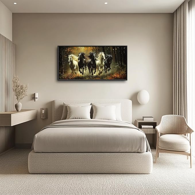 Olivine Horse Wall Art, Running Horses Pictures Wall Decor, Black And White Horse Paintings, Forest Landscape Canvas Prints, Framed Artwork for Bathroom Bedroom Living Room Office Home 60"x30"