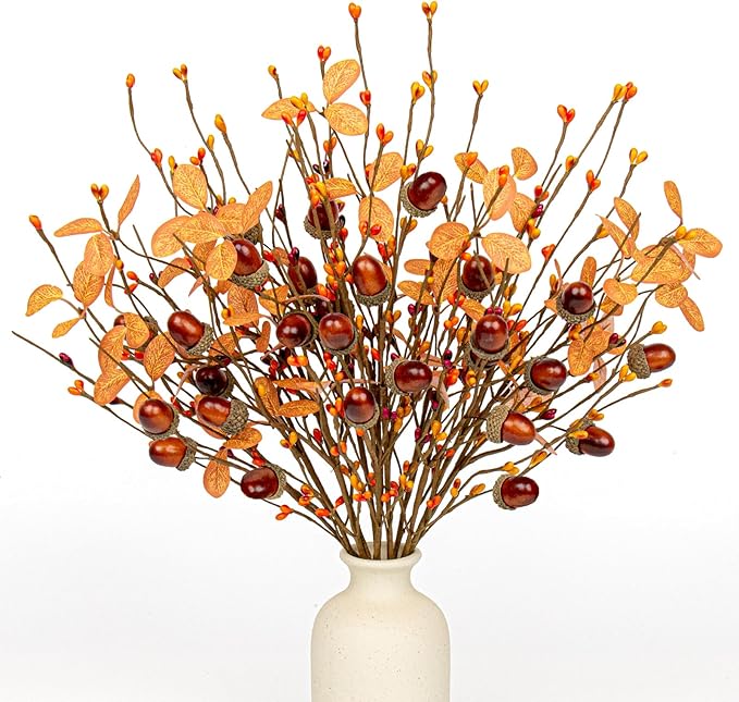 12 PCs Artifical Fall Stems 17 Inches Faux Autumn Branches Fall Floral Picks with Berry Acorn for Vase Table Centerpieces Window Living Room Indoor Decor