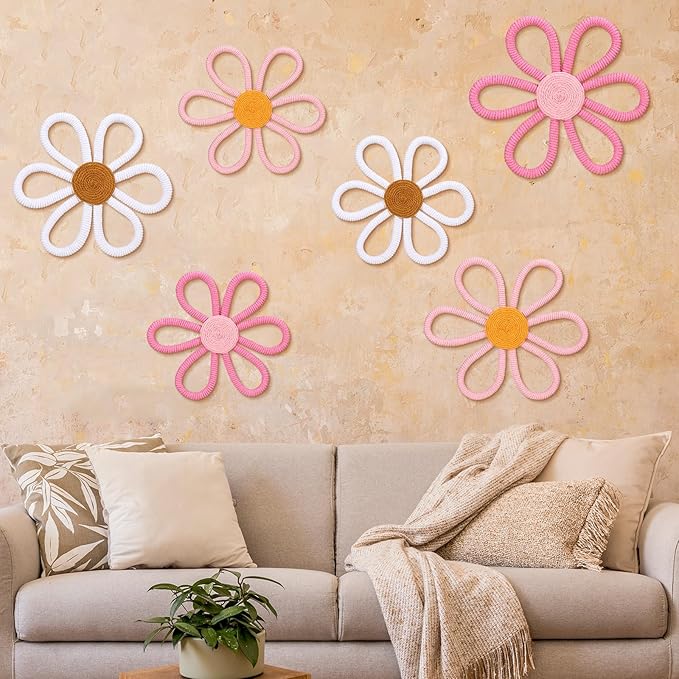 Barydat 6 Pcs Boho Nursery Decor Daisy Flower Woven Macrame Wall Hanging 3 Size Daisy Flower Wall Decor Bohemian Nursery Decorations for Home Dorm Art(Cute Color)