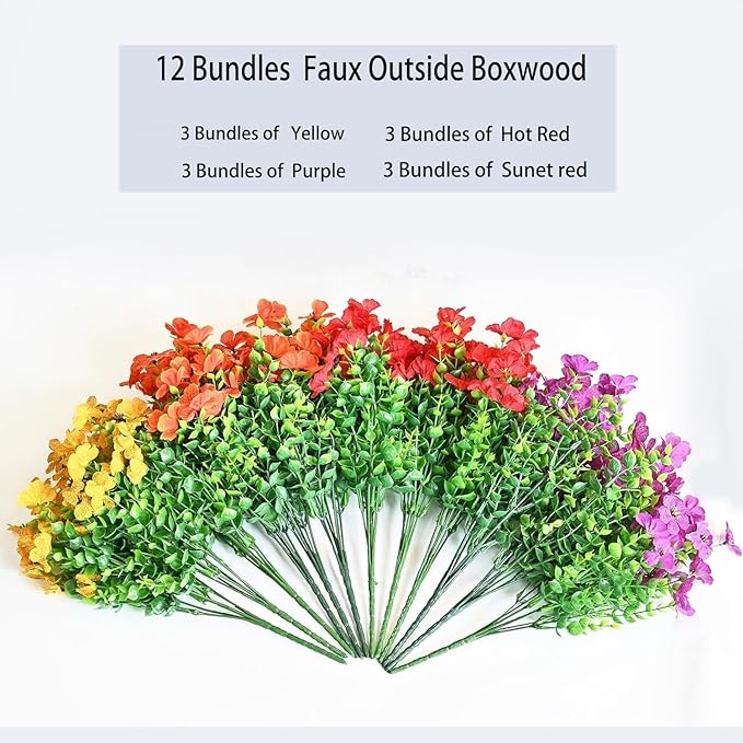 LADADA 12 Bundles Fake Plants Flowers Outdoor Spring Summer Decor,Faux Silk Colorful Daisy Realistic UV Resistant for Outside Home,Used for Courtyard, Yard, Porch Decoration(Purple Yellow Orange Red)