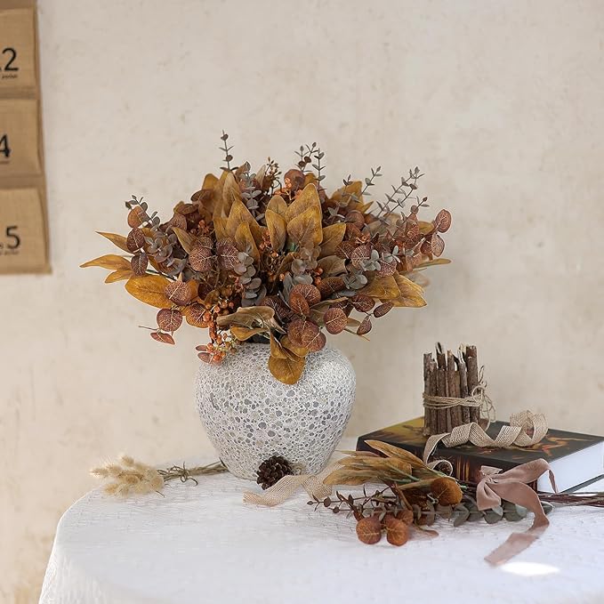 YXZZWL 110 Pcs 5 Kinds Mixed Artificial Eucalyptus Stems and Faux Berry,Autumn Fake Eucalyptus Leaves Stems Bulk Branches for DIY Bouquets Floral Arrangement Wedding Home Fall Decorations (Orange)