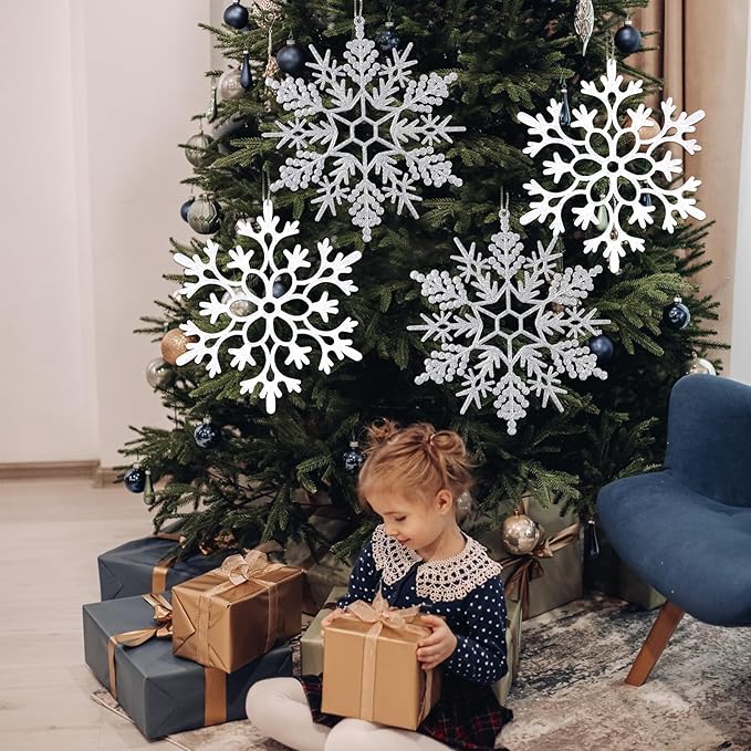 12pcs Large Christmas Snowflakes Decorations, 12" Big Plastic Glitter White Sliver Snowflake Ornaments for Winter Indoor Outdoor Christmas Tree Holiday Window Room Decor Craft Snowflakes