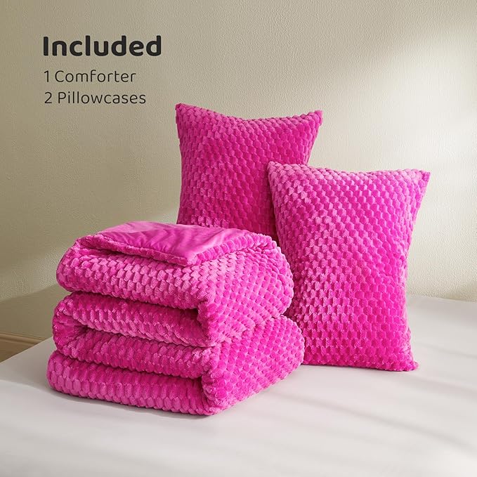 Petrichor Fluffy Twin Comforter Set - Ultra-Soft Pink Flannel Thick Comforter for Queen Bed, Luxury Warm Bedding Set for Winter & Fall, Cozy Fuzzy Bed Set 2 Pieces (1 Comforter & 1 Pillowcase)