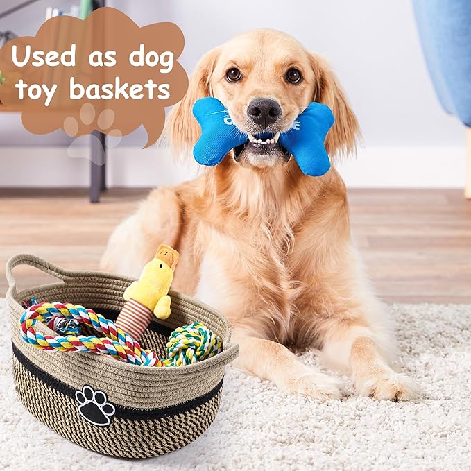 Small Woven Baskets for Organizing Rope Storage Basket with Handle Cute Cotton Nursery Gift Dog Toy Bins Organizer-Black&Beige