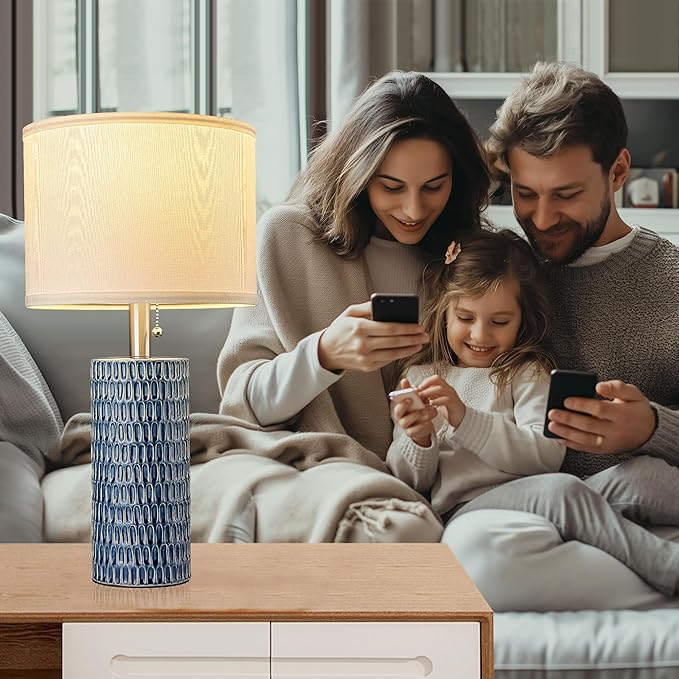 Table Lamps for Living Room Set of 2, Ceramic Table Lamps for Bedroom, 20" Modern Lamps for Night Stands, Dark Blue