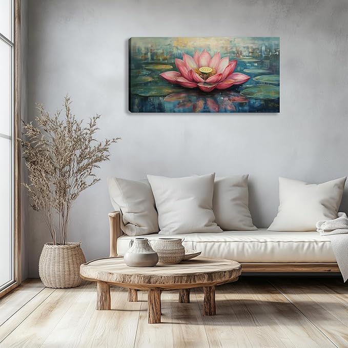 Large Zen Pink Lotus Canvas Wall Art Flower Picture Wall Decor Painting Artwork Framed for Bedroom Living Room Kitchen Yoga Room Office Home Decor 40L x 20W