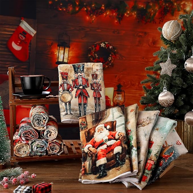 12 Pcs Christmas Kitchen Towels and Dishcloths Absorbent Christmas Tree Reindeer Truck Hand Dish Towels Decoration for Xmas Home Gift Supplies, 14.2 x 21.3 Inch (Vintage Fashion)