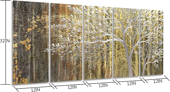 Yihui Arts Gold Metal Wall Art Handcrafted Tree on Aluminum Artwork Modern Forest Pictures with 3D for Living Room Bedroom Kitchen Decor