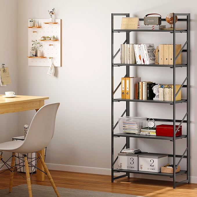 JSB No Assembly Folding Bookshelf, 5 Tier Industrial Metal Book Shelf for Storage, Vintage Wood Foldable Bookcase for Living Room, Bedroom, Office Organization Shelves