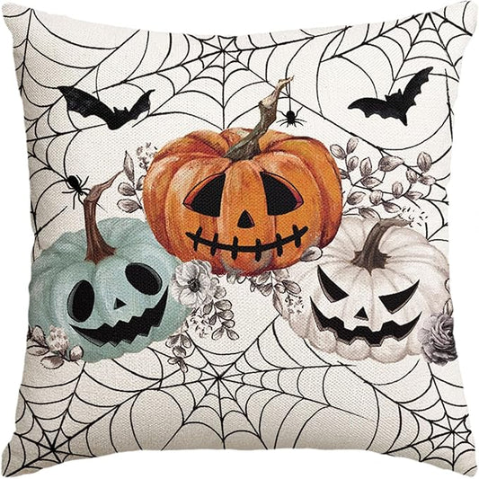 Baccessor Halloween Pillow Cover 18x18 Inch, Pumpkins Bats Spider Web Pillow Case Halloween Decor for Cushion Sofa Couch Indoor Outdoor Decoration 1 Piece