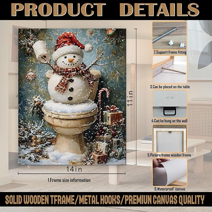 FITIE Funny Christmas Snowman Bathroom Canvas Wall Art Poster, Vintage Humor Holiday Winter Xmas Framed Artwork Prints Wall Decor for Bathroom Washroom Restroom Toilet, 11x14 Inch