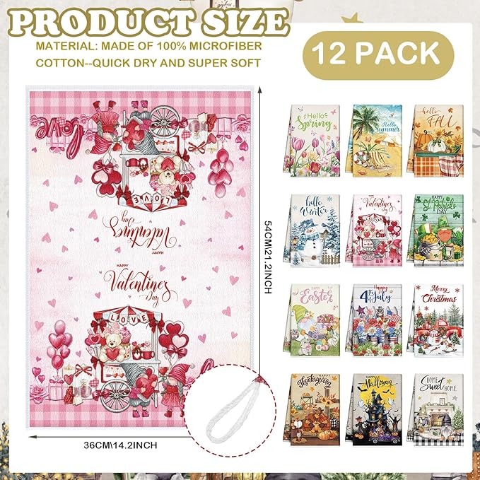 12 Pcs Seasonal Kitchen Towels Set for All Holidays Hand Dish Tea Towels Fall Halloween Christmas Cute Drying Dishcloths Decorative Absorbent Wash Cloths(Fresh Style)