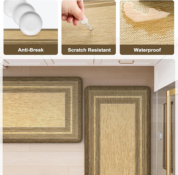 KIMODE Anti Fatigue Kitchen Mat, Cushioned Boho Kitchen Rugs Sets of 2, Non Slip Farmhouse Kitchen Mats for Floor, Waterproof Standing Desk Mats for Laundry Office Sink Brown/Khaki 20"x47"+20"x32"