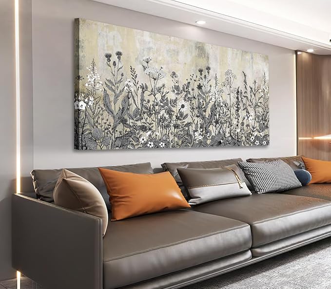 NINEASO Botanical Canvas Wall Art - Wildflower Pictures Vintage Grey Brown Floral Wall Decor Rustic Beige Print Flower Plants Painting Artwork for Living Room Bedroom Home Office Decorations 20" x 40"