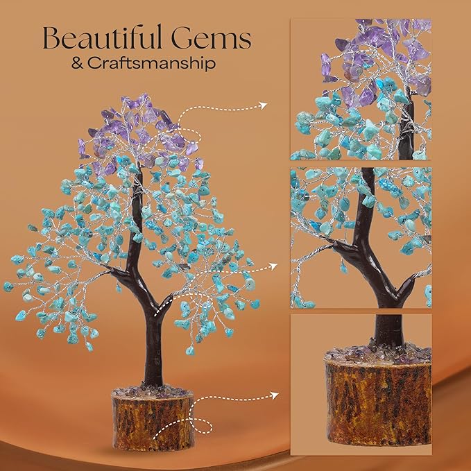 Amethyst & Turquoise Gemstone Tree with 2 Chakra Pendants, Crystal Tree, Fake Plants Home Decor, Birthday Gifts for Women, Office Desk Accessories, Crystals and Healing Stones, Room Decor