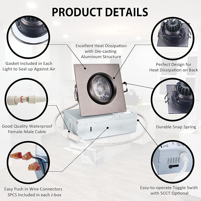 Canless Recessed Gimbal Downlight Rotatable-Spotlight 5 CCT 3 Inch Eyeball Ceilling Potlight, Dimmable Recessed Lights Fixture with Junction Box, 8W CCT Adjustable, Oil Rubbed Bronze, 6P …
