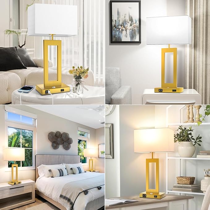 22ββ Touch Control Table Lamps Set of 2, 3 Color Temperatures Bedroom Bedside Lamps, Modern Gold Dimmable Lamps with USB Ports & AC Outlet, Tall Living Room Lamps for Nightstand End Table, 2 Bulbs