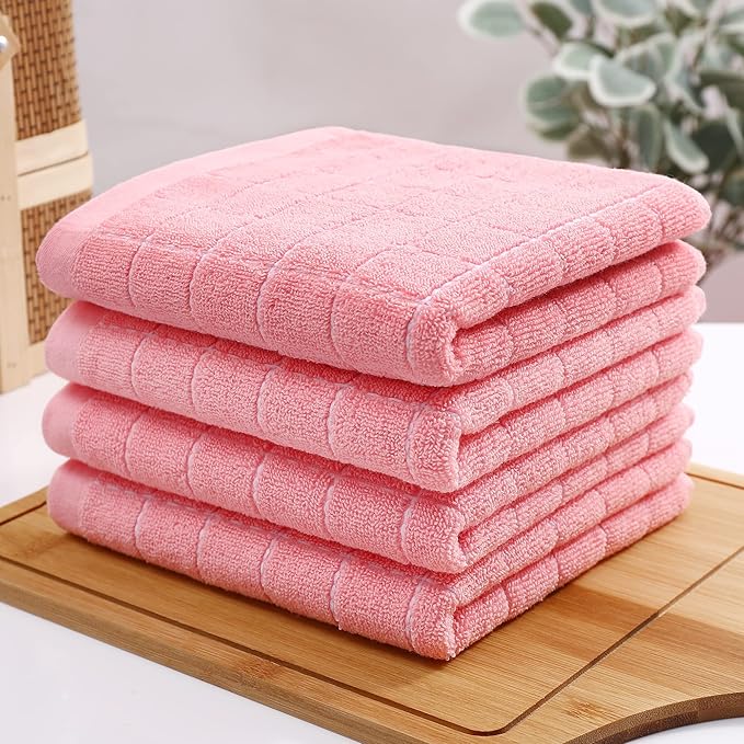 Homaxy 100% Cotton Terry Kitchen Towels(Pink, 13 x 28 inches), Checkered Designed, Soft and Super Absorbent Dish Towels, 6 Pack