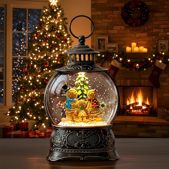Christmas Snow Globe Lantern Water Glittering Gingerbread Family with Music& Timer, USB Lined/Battery Operated Lighted Lantern for Christmas Festival Decoration Gifts