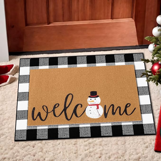 2 Pcs Christmas Door Mat Snowman Welcome Non Slip Coir Mats Merry Xmas Black White Buffalo Plaid Floor Layering Doormats Seasonal for Front Porch Entryway Decor(Snowman)
