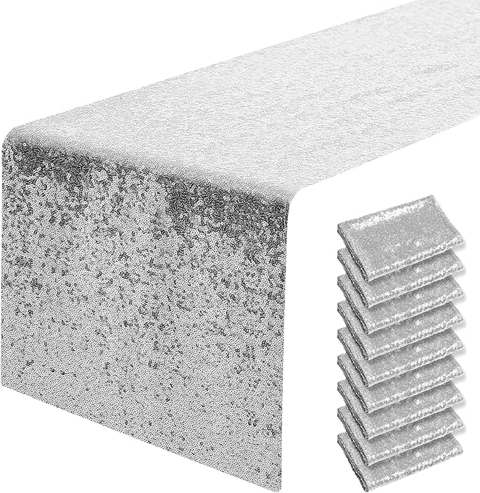 10 Packs 12 x 108 inches Silver Sequin Table Runner, Glitter Silver Table Runner for Wedding Birthday Bachelorette Holiday Party Supplies Decorations Bridal Shower Baby Shower