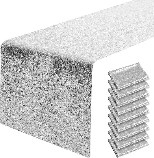 10 Packs 12 x 108 inches Silver Sequin Table Runner, Glitter Silver Table Runner for Wedding Birthday Bachelorette Holiday Party Supplies Decorations Bridal Shower Baby Shower