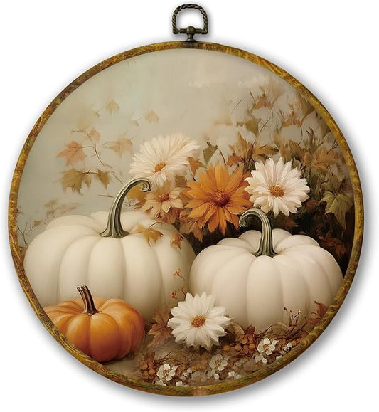 Mcehtle Vintage Fall Pumpkin Wall Art Decor, Retro Autumn Harvest White Pumpkin Floral Framed Canvas Prints 10x10, Rustic Farmhouse Round Wall Hanging Artwork Decorations for Bedroom Living Room Home