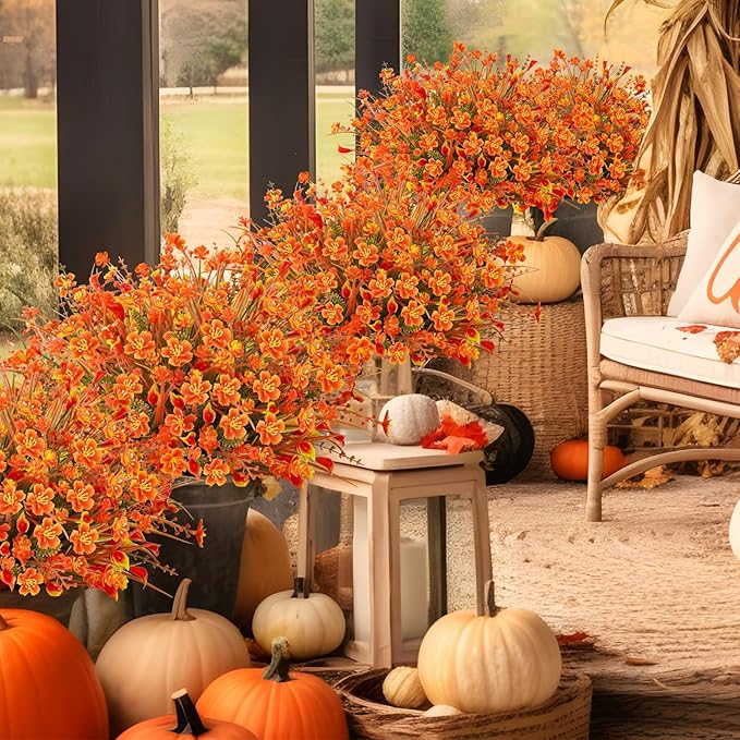 16Pcs Outdoor Fall Flowers UV Resistant Artificial Fall Flowers Autumn Plastic Flowers Plants Fall Greenery Shrubs for Outside Garden Front Porch Patio Thanksgiving Decor