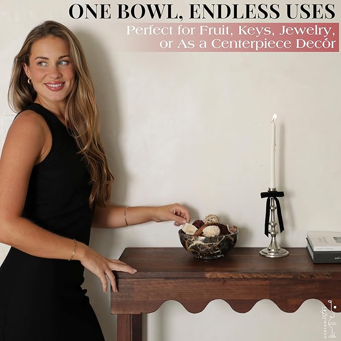 Gusto Nostro 8" Luxury Black Marble Decorative Bowl for Coffee Table - Elegant Decorative Fruit Bowl for Kitchen Counter - Heavy Stone Entryway Catch All for Keys, Potpourri Holder Centerpiece, Medium