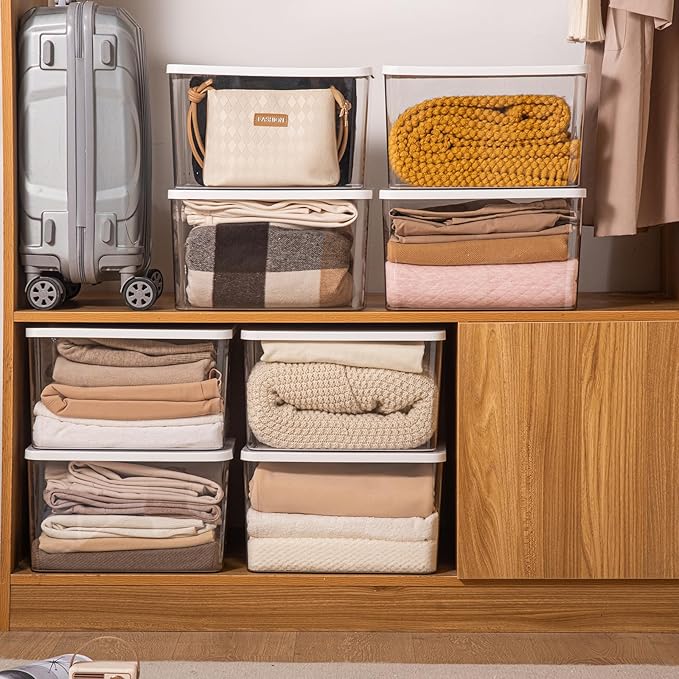 4-Piece Set,Plastic Storage Bin with Lid,Large Storage Containers,Stackable Lidded Storage Boxes for Cabinets, Clothes, Toys, Books (clear 4XL(with wihte lid))