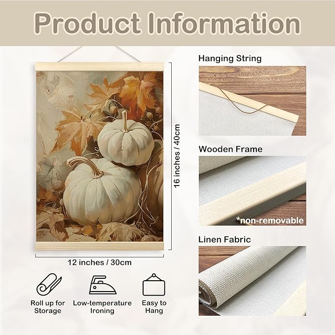 TLESKE Rustic Fall Pumpkins Poster Hanger Frame, Vintage Aesthetic Farmhouse Autumn Hanging Wall Art Room Decor for Living Room Bedroom Kitchen, Thanksgiving Wall Prints Pictures Artwork, 12x16