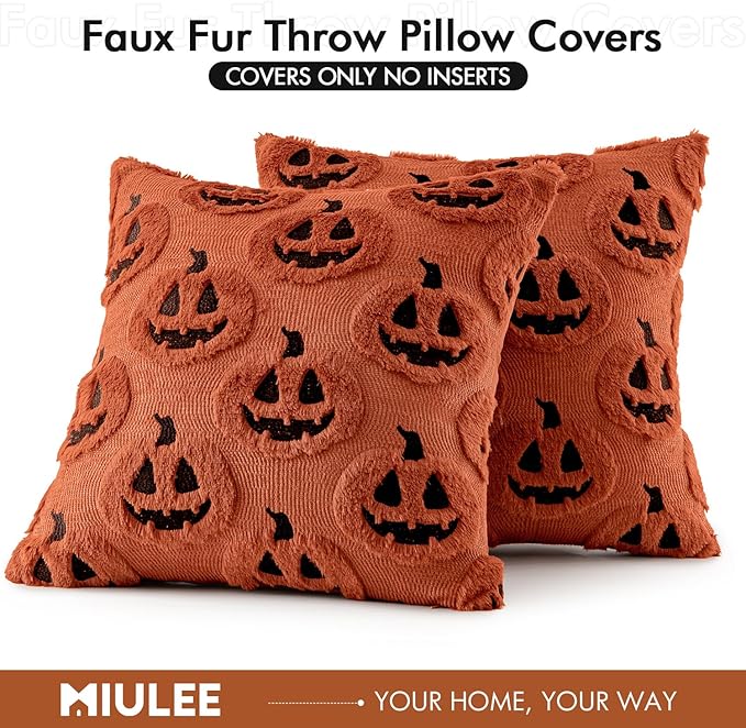 MIULEE Fall Halloween Throw Pillow Covers 18x18 Decorative Pumpkin Pattern Pillowcases Soft Plush Faux Wool Cushions for Home Patio Sofa Couch,Dark Rust