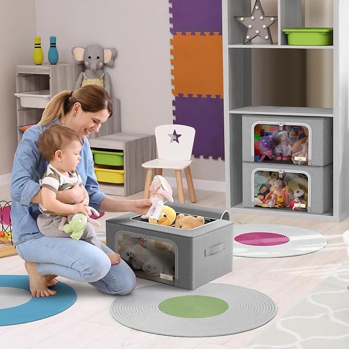 Sorbus Storage Bins with Metal Frame - Stackable & Foldable Clothes Organizer Bags - Oxford Fabric Storage Containers with Large Clear Window & Carry Handles, Bedroom Organization for Bedding & Linen