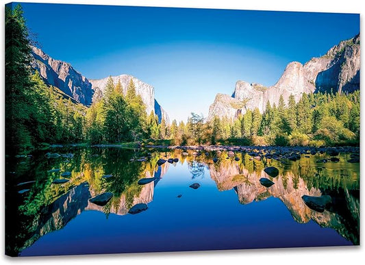 SKASNFAI Yosemite National Park Canvas Wall Art Forest Artwork Blue Lake Picture Prints Framed Home Decor for Bedroom Living Room (24x36 inch)