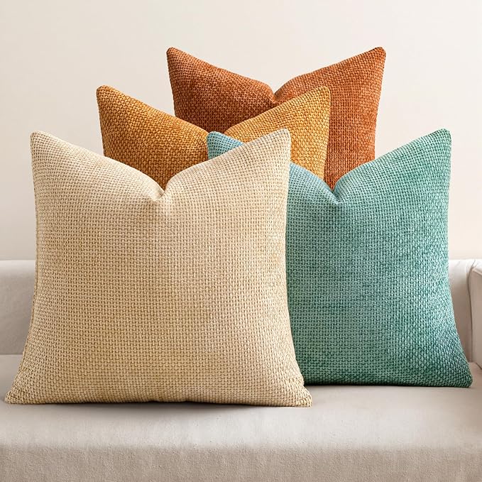 MIULEE Pack of 4 Orange/Teal Couch Throw Pillow Covers 18x18 Inch Yellow Green Soft Decorative Chenille Pillows Farmhouse Accent Cushions for Boho Home Decor Spring Sofa Bedroom Living Room