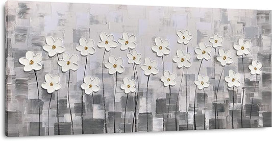 Yihui Arts Wall Art Pallet Knife Pictures Painting White Lily Bouquet of Flowers Oil Painting Floral Artwork Print on Wrapped Canvas for Walls